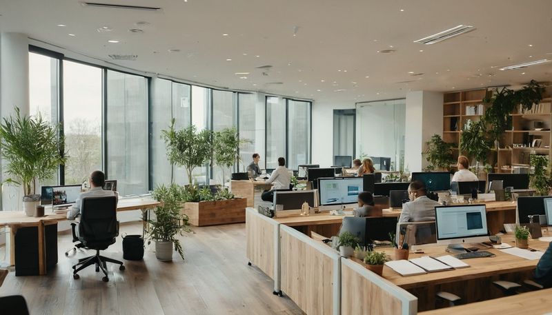 A modern open plan office with a small team working at their desks