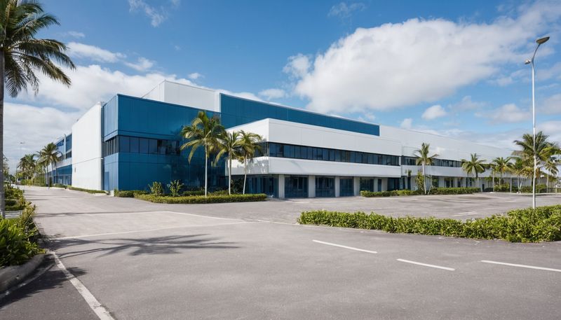 A modern light industrial business park building under a clear tropical sky