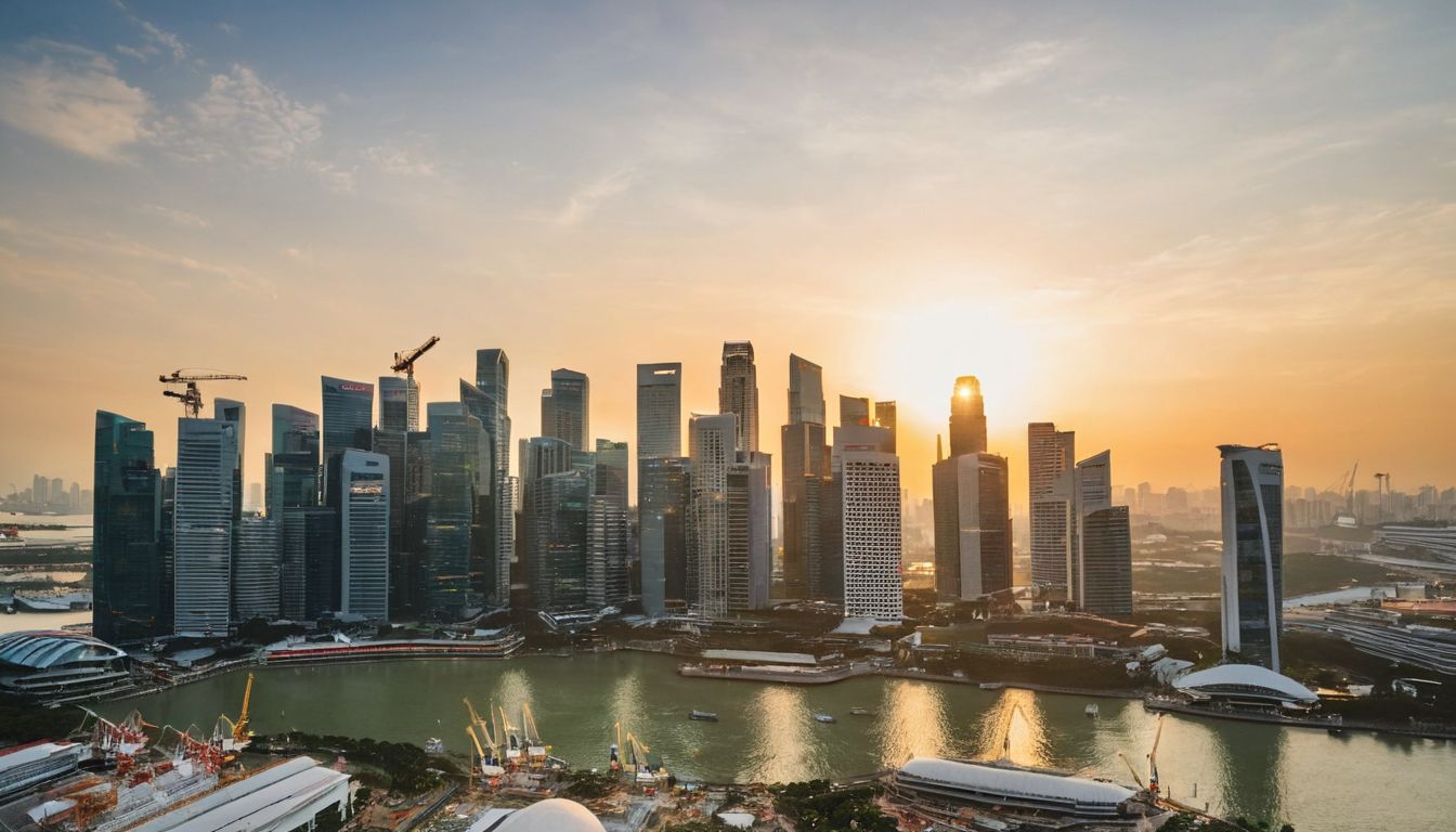Singapore skyline at golden hour with modern towers and construction cranes