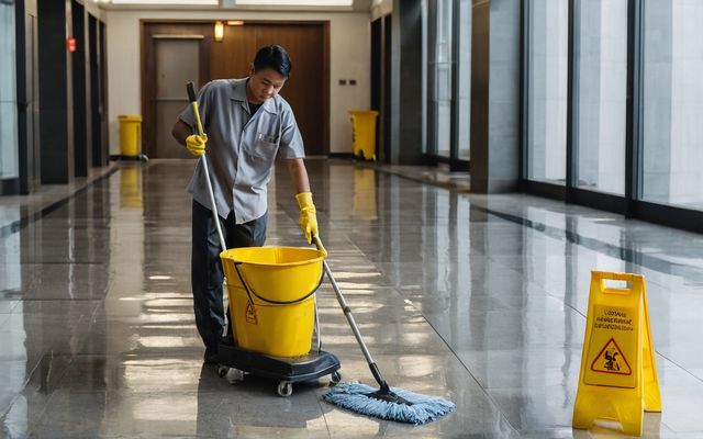 Cleaner mopping the tiled floor of a building lobby