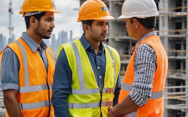 Construction workers in safety helmets and high-visibility vests on a building site