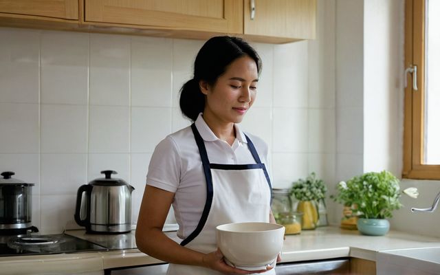 Domestic helper preparing a family meal in a bright home kitchen