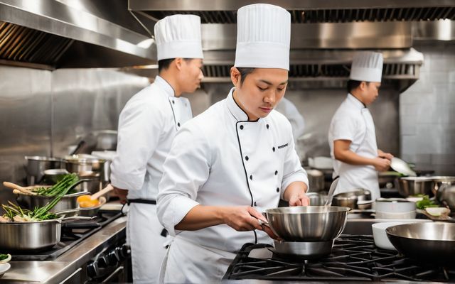Cooks in chef hats working at the stoves of a commercial restaurant kitchen
