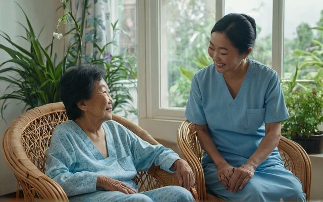 Healthcare assistant sitting and chatting with an elderly resident in a care home day room