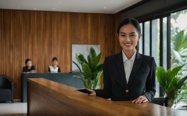 Hotel front desk associate at the reception counter of a bright hotel lobby