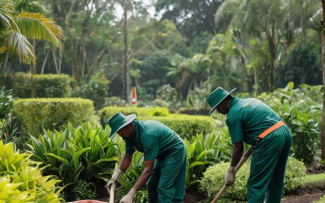 Landscaping crew planting shrubs in a tropical roadside garden bed