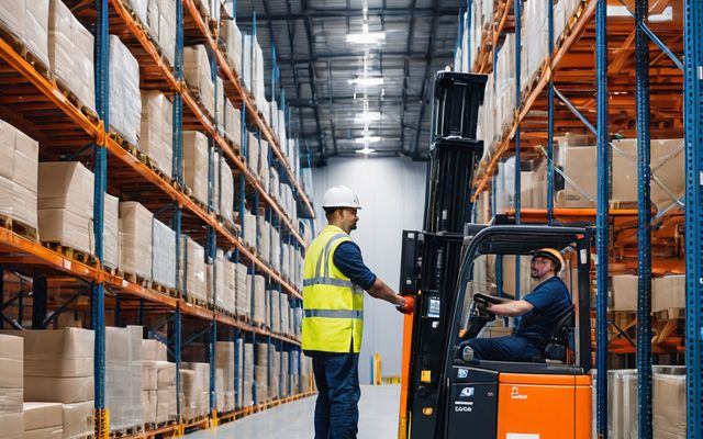 Warehouse operator driving a forklift between tall pallet racks