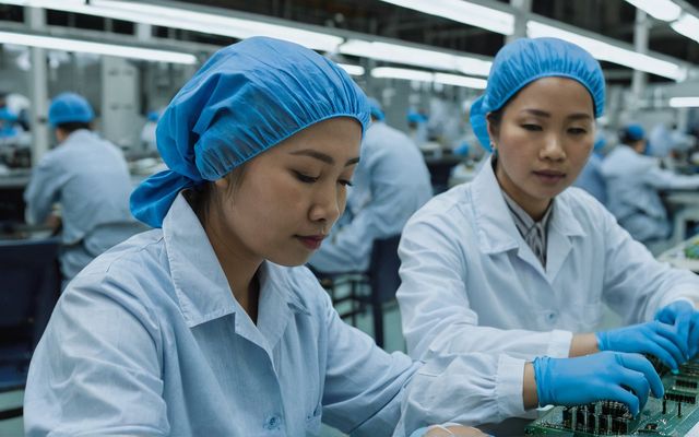 Factory operators working on a precision electronics assembly line