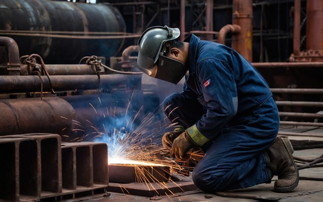 Shipyard welder in protective gear welding a steel hull seam