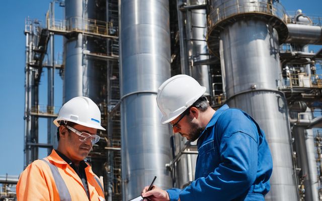 Plant technicians inspecting pipework at a petrochemical facility