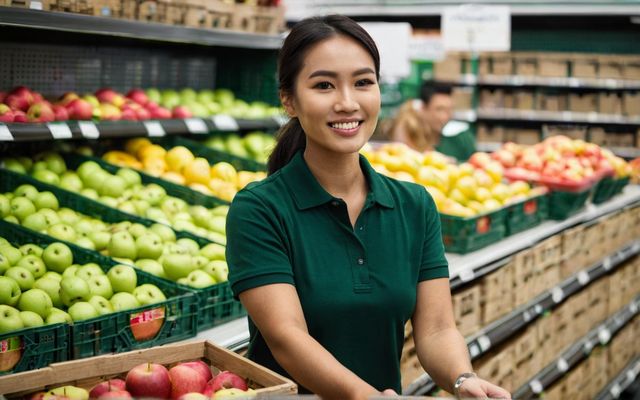Retail assistant restocking shelves in a bright supermarket aisle