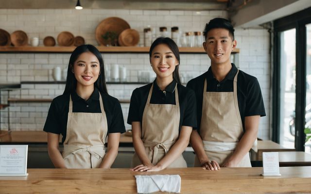 Service staff in plain aprons standing behind the counter of a bright cafe