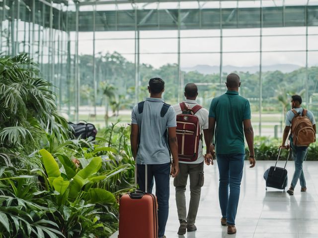 Newly arrived workers walking through an airport arrival hall with their luggage