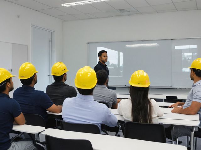 Newly arrived workers seated at a safety and orientation briefing